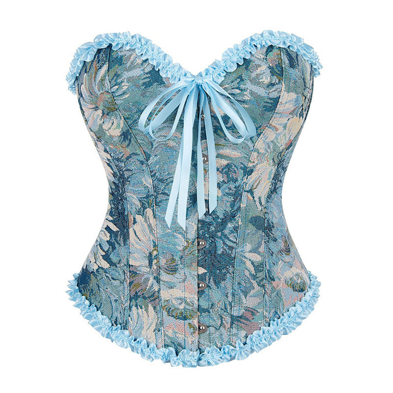 Vintage Oil Painting Corset with Lace Ruffles – Back Lace-Up Waist Trainer